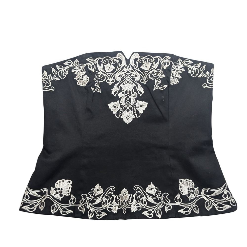 White House Black Market Corset Top Women 8 Black Silver Floral Embroidered Zip